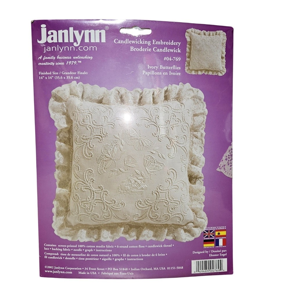 Janlynn Candlewicking Pillow Cover Kit White Lace‎ Butterflies 14x14 04-769 New